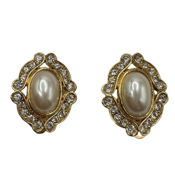 Jewelry - Vintage Gold Framed Pearl and Rhinestone Costume Earrings Large Statement Glam